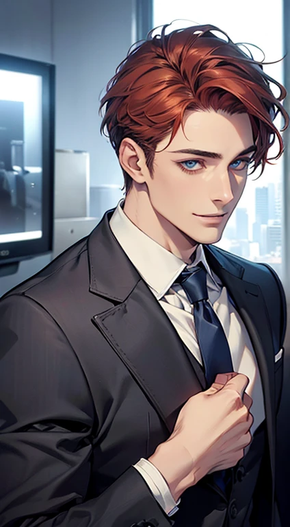 (Highest quality,4K,8K,High resolution,masterpiece:1.2),Super detailed,(Realistic,photoRealistic,photo-Realistic:1.37),1 person,31 years old,Mature Man,Beautiful skin、Profile、very handsome,Expressionless,smile,Short gray red hair,blue eyes,Sharp Eyes,A perfect face without a doubt,Businessman,Office Background,Cinema Lighting,HDR image,tie.