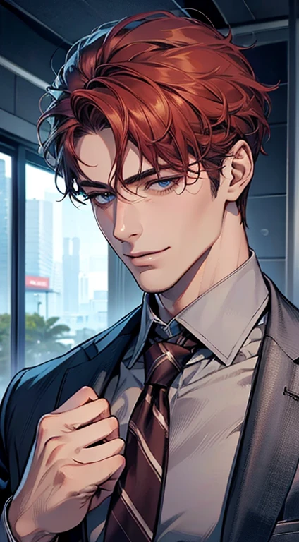 (Highest quality,4K,8K,High resolution,masterpiece:1.2),Super detailed,(Realistic,photoRealistic,photo-Realistic:1.37),1 person,31 years old,Mature Man,Beautiful skin、Profile、very handsome,Expressionless,smile,Short gray red hair,blue eyes,Sharp Eyes,A perfect face without a doubt,Businessman,Office Background,Cinema Lighting,HDR image,tie.