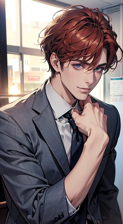 (Highest quality,4K,8K,High resolution,masterpiece:1.2),Super detailed,(Realistic,photoRealistic,photo-Realistic:1.37),1 person,31 years old,Mature Man,Beautiful skin、Profile、very handsome,Expressionless,smile,Short gray red hair,blue eyes,Sharp Eyes,A perfect face without a doubt,Businessman,Office Background,Cinema Lighting,HDR image,tie.