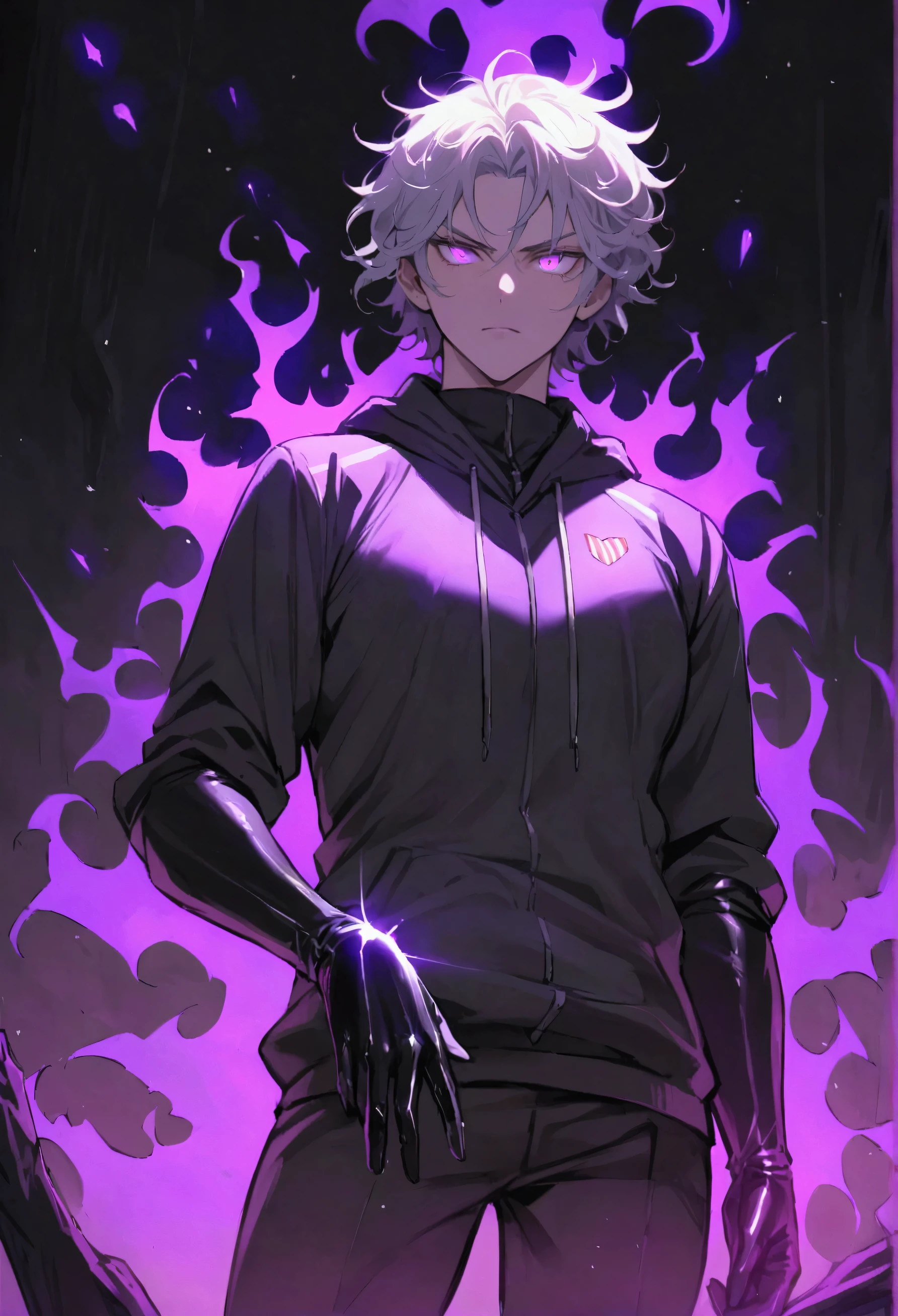 masterpiece, detailed, Best Quality , Chico , by white , short hair , messy hair , radiant violet eyes , good body , Alone , elegant , stopped , standing , dangerous magic , black powerful gloves , serious , strong , high , elegant sudadera con capucha , powerful magic , dangerous , good aesthetics , glitters en los ojos , glitters , aura emanating from the glove , atletico , Whole body , masculine