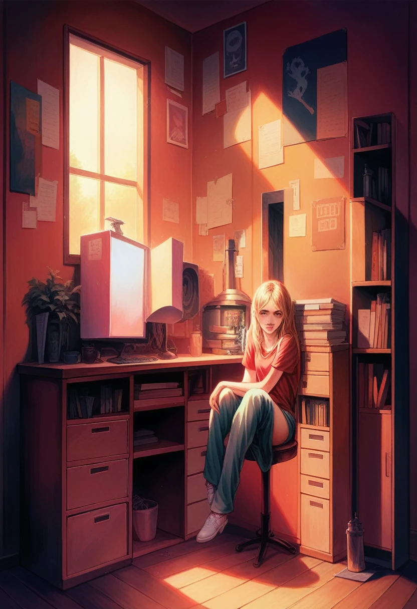 a person in a red shirt, standing on a green floor, detailed face, detailed eyes, detailed lips, detailed clothing, outdoor scene, natural lighting, cinematic lighting, photorealistic, 8k, high quality, intricate details, vibrant colors, realistic shadows, depth of field, studio lighting