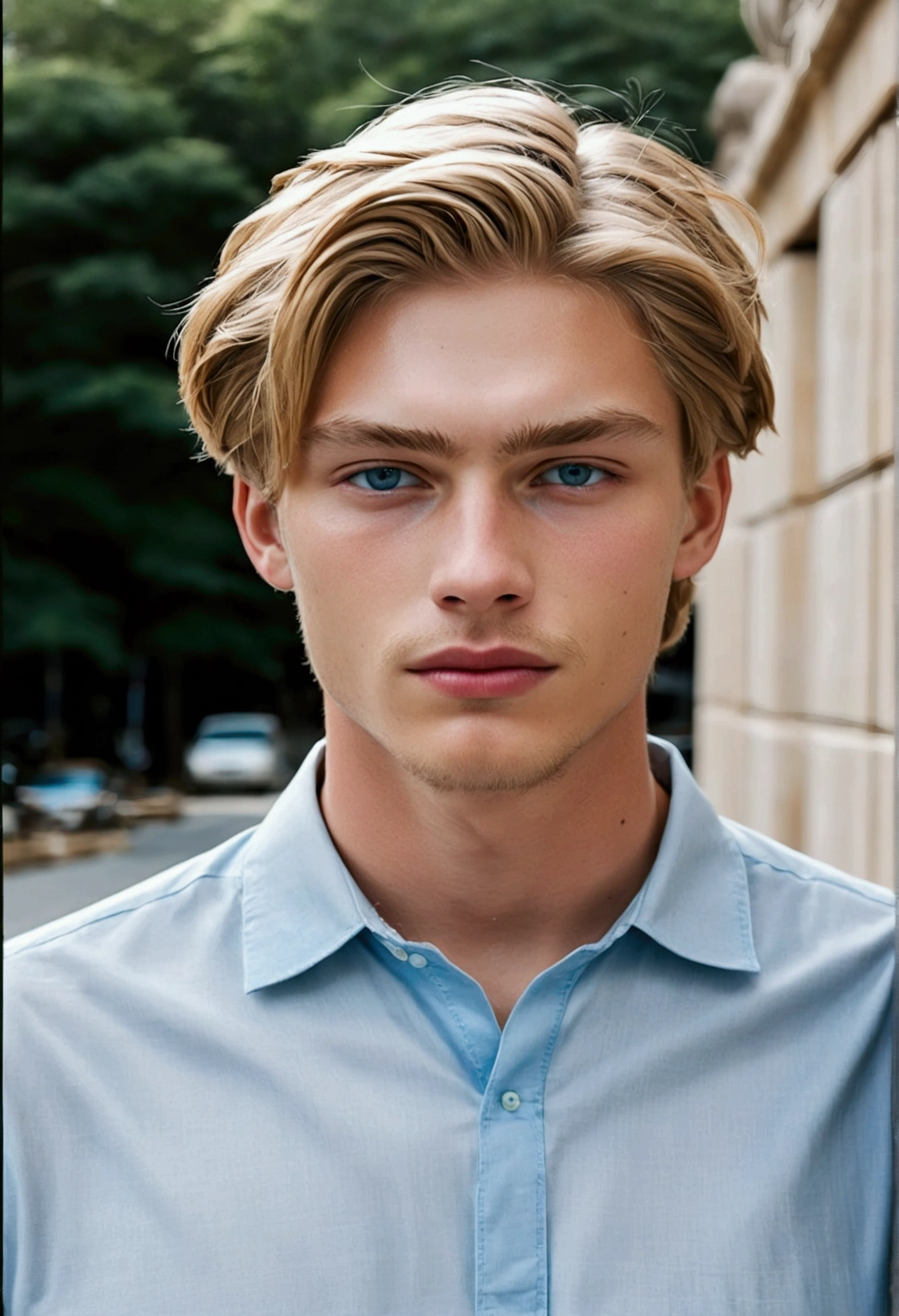 The same boy in the image but with light gray-blue eyes, hair a little longer with a book cut.