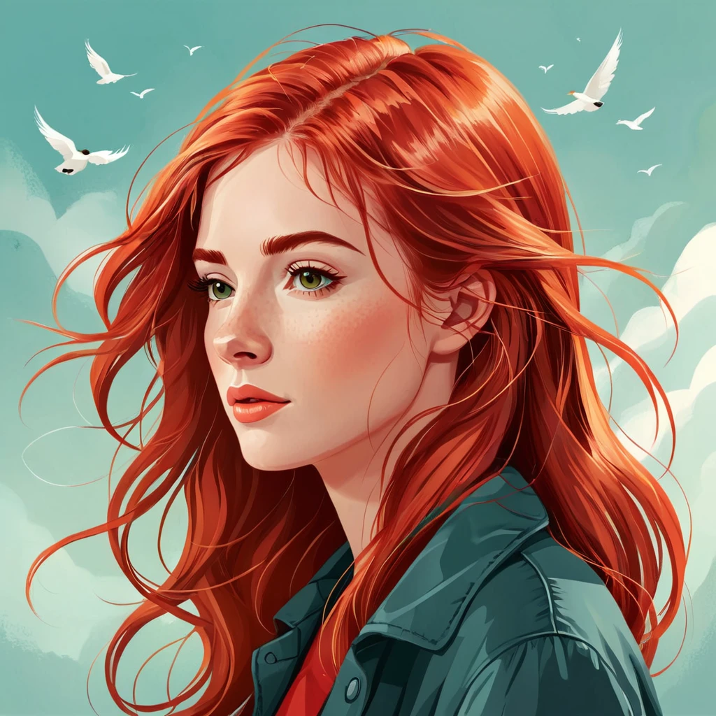 A vector illustration, a red-haired woman with hair in the wind, a woman. She is thoughtful.by Kathrin Honesta