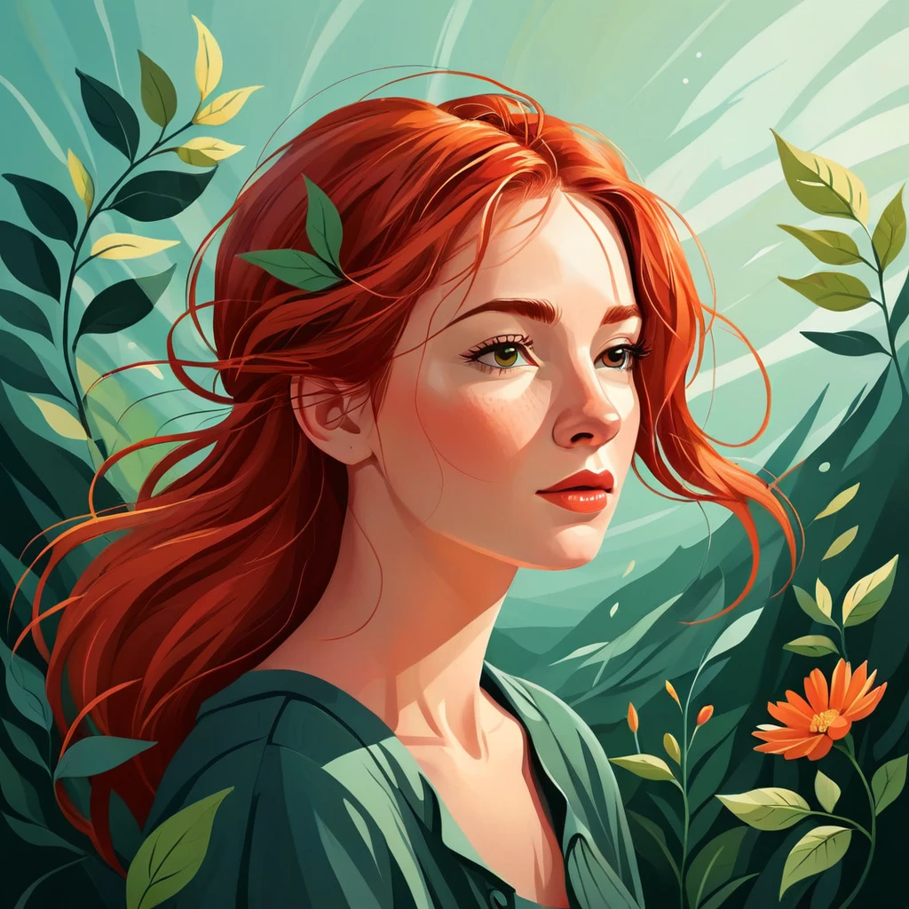 A vector illustration, a red-haired woman with hair in the wind, a woman. She is thoughtful.by Kathrin Honesta