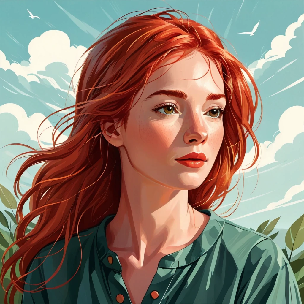 A vector illustration, a red-haired woman with hair in the wind, a woman. She is thoughtful.by Kathrin Honesta