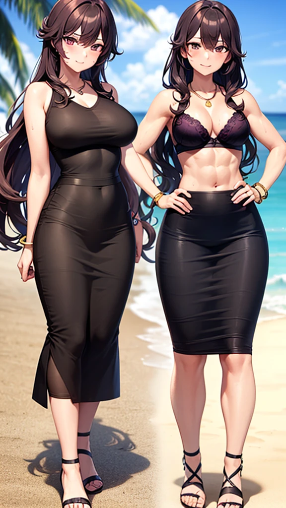 (masterpiece, best quality), 1girl, beautiful business woman with wavy hair on the beach, dark plum hair, small breasts, wide hips, slim body, athletic body, muscle, muscular, abs, red bra, (black maxi pencil skirt), (very long pencil skirt), sandals, (cleavage, midriff, waist, hip bones), beach, ocean waves, looking at viewer, full body, hand on hip, messy hair, sweatdrop, very sweaty, full-face blush, light smile, necklace, gold bracelet, wide-eyed