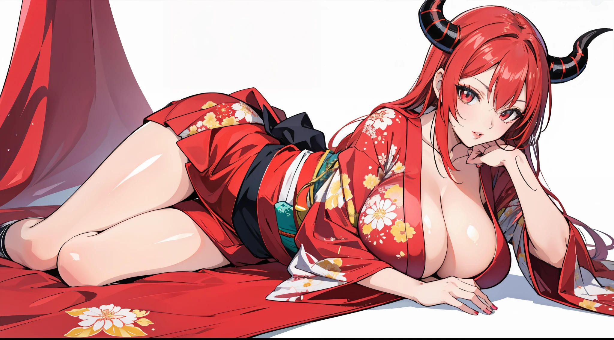 anime girl with horns and glowing red eyes, seductive look, OPPAI, red kimono with flower print, big breasts, together, Moe anime art style, White background, only character, long red hair woman, Edobtogether, EdobtogetherRed,
full body shot, lying on side towards viewer, looking at the viewer,
ultra detailed, Perfect eyes, perfect hair, perfect body, perfect body parts, perfect fingers, perfect hands, perfect face, perfect lips, detailed coloring