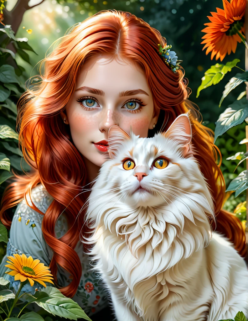 red-haired girl [Elizabeth II:Maude Adams:0.45], (best quality, masterpieces, ultra-detailed), beautiful detailed eyes, beautiful detailed lips, longeyelashes, vibrant colors, illustrative style, oil painting texture, flowing red hair, cozy garden background, soft sunlight, lively expression, joyful interaction with the mainecoon cat, dynamic pose, realistic rendering.