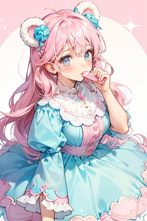 A light blue girl cookie Num with bear ears and basic face accented by a pink blush. She has a pale pink dollop of cream on her head to match her cream filling. SPARKLE; GLITTER