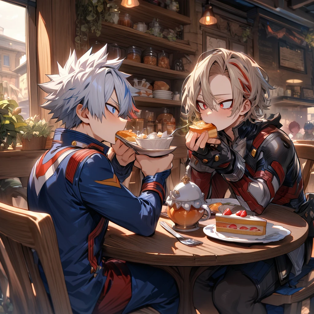 absurdres, highres, ultra detailed, HDR, master piece, best quality, extremely detailed, Todoroki Shouto chibi, bicolored hair, right side of the hair white, left side of the hair red, expressive blue eyes, Boku No Hero Academia, Bakugo Katsuki chibi, ash-blonde hair, expressive red eyes, two boy sitting together, gay couple, yaoi, cute, hero clothes, magical, cafe, table, chairs, eating, cake