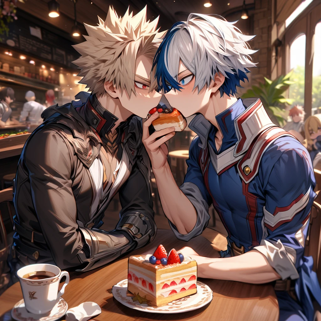 absurdres, highres, ultra detailed, HDR, master piece, best quality, extremely detailed, Todoroki Shouto chibi, bicolored hair, right side of the hair white, left side of the hair red, expressive blue eyes, Boku No Hero Academia, Bakugo Katsuki chibi, ash-blonde hair, expressive red eyes, two boy sitting together, gay couple, yaoi, cute, hero clothes, magical, cafe, table, chairs, eating, cake