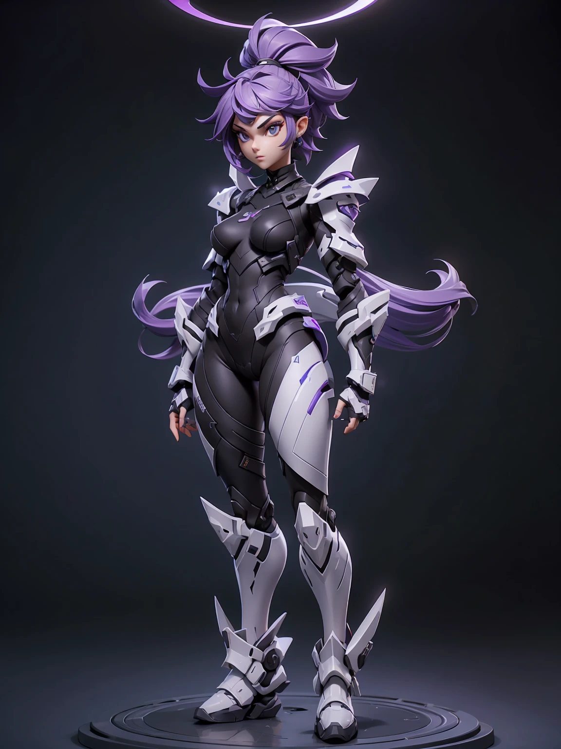 Design a layout showcase Gaming character, (1girl). black, white and purple sleek armor, stylish and unique, short stylish hair ((full_body_shot:1.4)))
