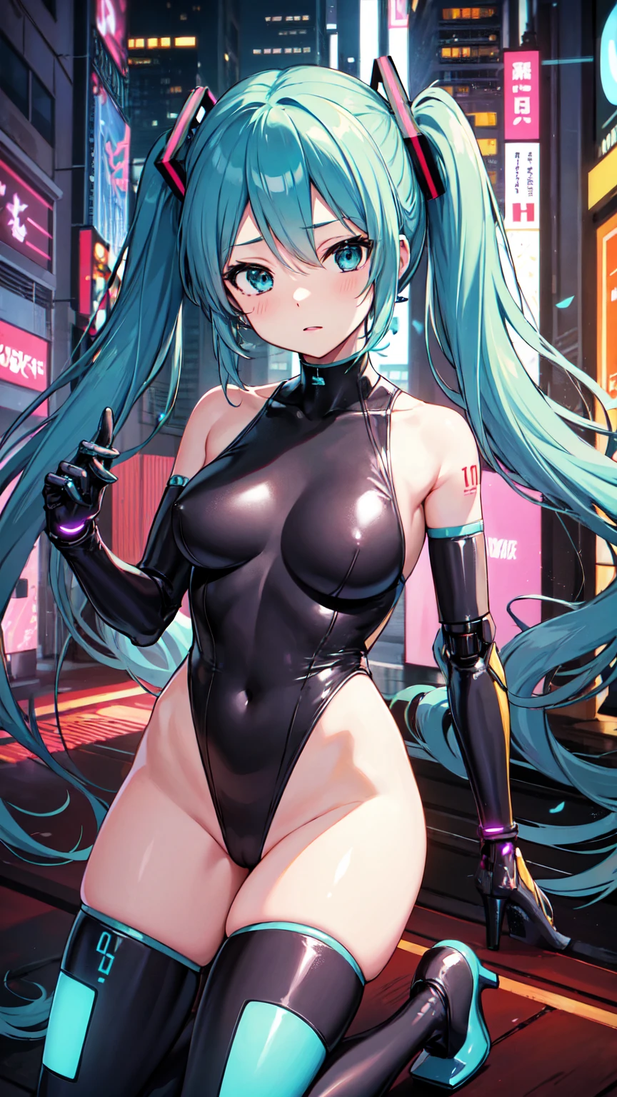 Adult Woman, Hatsune Miku, Dignified Face, Japanese Armor, Cyberpunk, High Heels, Masterpiece, Top Quality, Super Detailed, Dignified Face, Anime Visuals, Heavy Cybernetic Leotard, Science Fiction, Good _ Face: 0.8