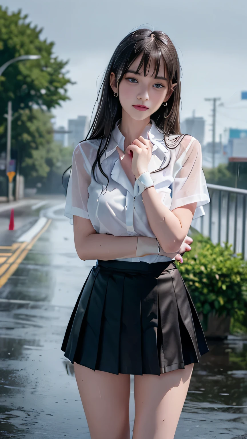 (RAW shooting, Photoreal:1.5, 8K, highest quality, masterpiece, ultra high resolution), perfect dynamic composition:1.2, street corner at night, cry:1.3, (((Typhoon heavy rain))), Highly detailed skin and facial textures:1.2, Slim high school girl wet in the rain:1.3, sexy beauty:1.1, perfect style:1.2, beautiful and aesthetic:1.1, Fair skin, very beautiful face, water droplets on the skin, (rain drips all over my body:1.2, wet body, wet hair:1.4, wet office skirt:1.2, Wet  uniform:1.3), belt, (Medium chest, Bra see-through, Chest gap), (expression of sadness, lovelorn, The expression on your face when you feel intense caress, Facial expression when feeling pleasure), (beautiful blue eyes, Eyes that feel beautiful eros:0.8), (Too erotic:0.9, Bewitching:0.9), cowboy shot, Shoulder bag, necklace, earrings, bracelet, clock