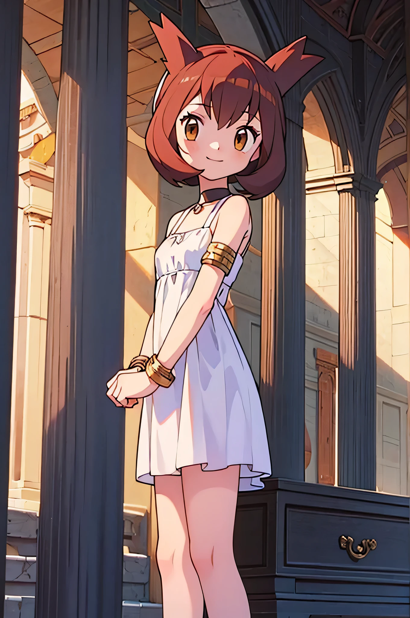 masterpiece, best quality, ultra-detailed, illustration, beautiful detailed eyes, very detailed illustration, cinematic lighting, 1 girl, solo, Pokemon Heroes (Bianca), Brown Hair, brown eyes, bare shoulders, greek clothes, peplos, armlet, white short dress, arch, pillar, standing near a column in a ballroom, arms at sides, smile, Close up, looking at viewers, far from the bottom
