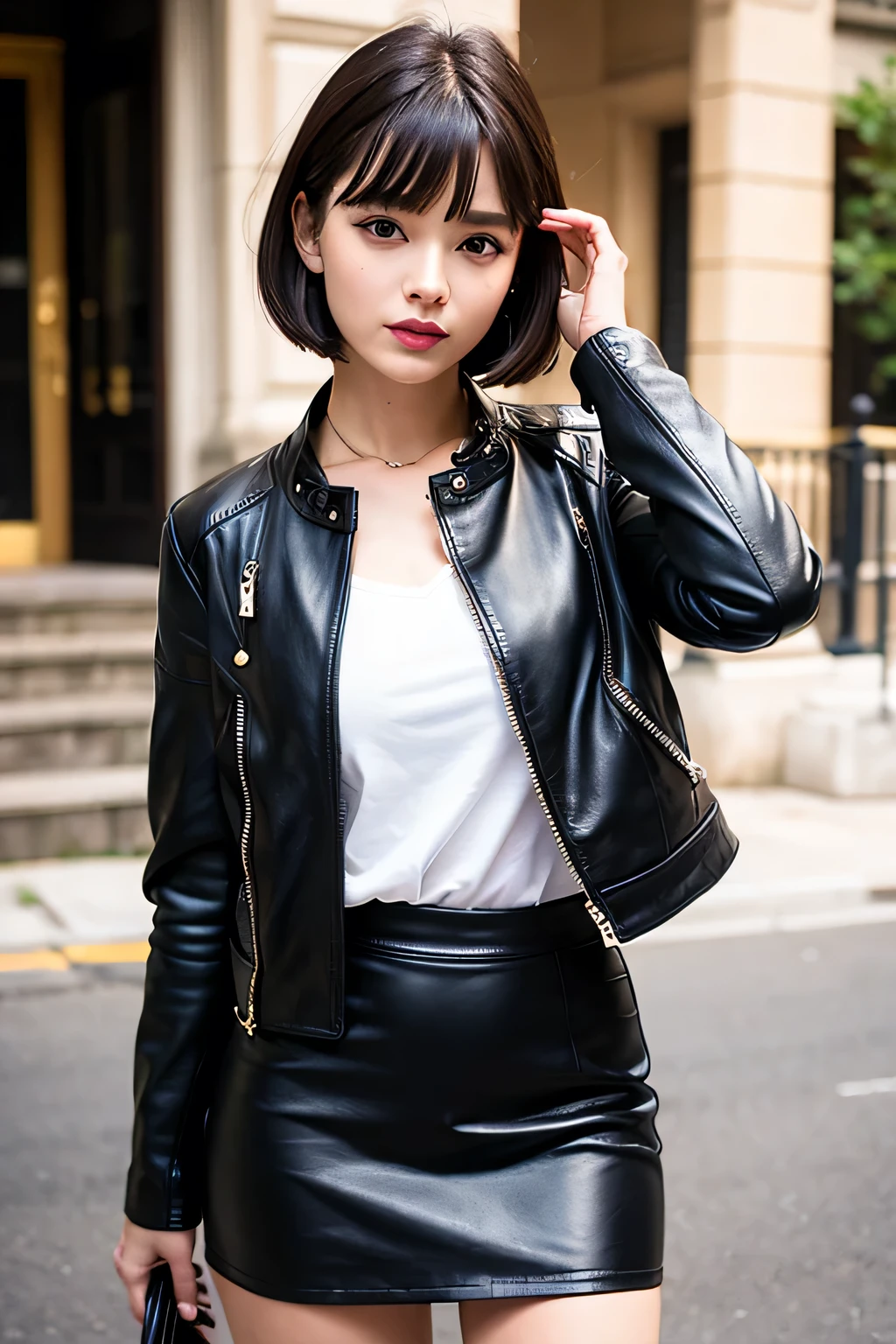 ((Highest quality)), ((masterpiece)), (detailed), One girl, sexy、Leather Fashion、Leather skirt、leather jacket、Bob Cut Short Cut、Align your bangs、Black Hair、