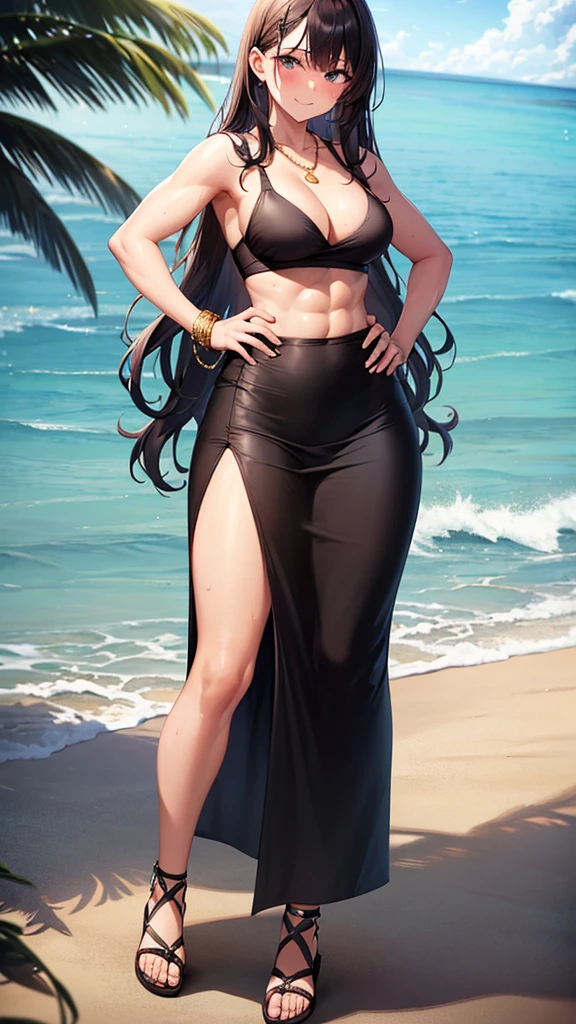 (masterpiece, best quality), (1girl), beautiful business woman with wavy hair on the beach, dark plum hair, small breasts, wide hips, slim body, athletic body, muscle, muscular, abs, red bra, (black maxi pencil skirt), (very long pencil skirt), sandals, (cleavage, midriff, waist, hip bones), beach, ocean waves, looking at viewer, full body, hand on hip, messy hair, sweatdrop, very sweaty, full-face blush, light smile, necklace, gold bracelet, wide-eyed