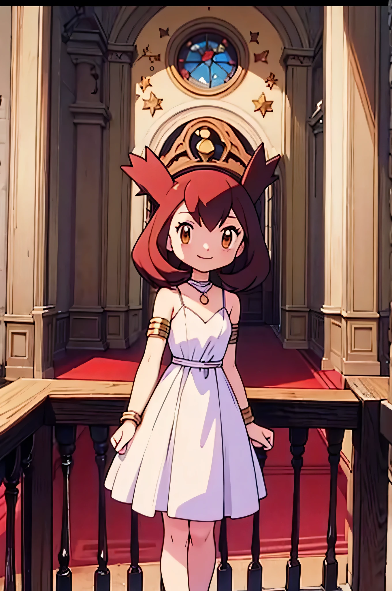 masterpiece, best quality, ultra-detailed, illustration, beautiful detailed eyes, very detailed illustration, cinematic lighting, 1 girl, solo, Pokemon Heroes (Bianca), Brown Hair, brown eyes, bare shoulders, greek clothes, peplos, armlet, white short dress, arch, pillar, standing near a column in a ballroom, arms at sides, smile, Close up, looking at viewers, far from the bottom