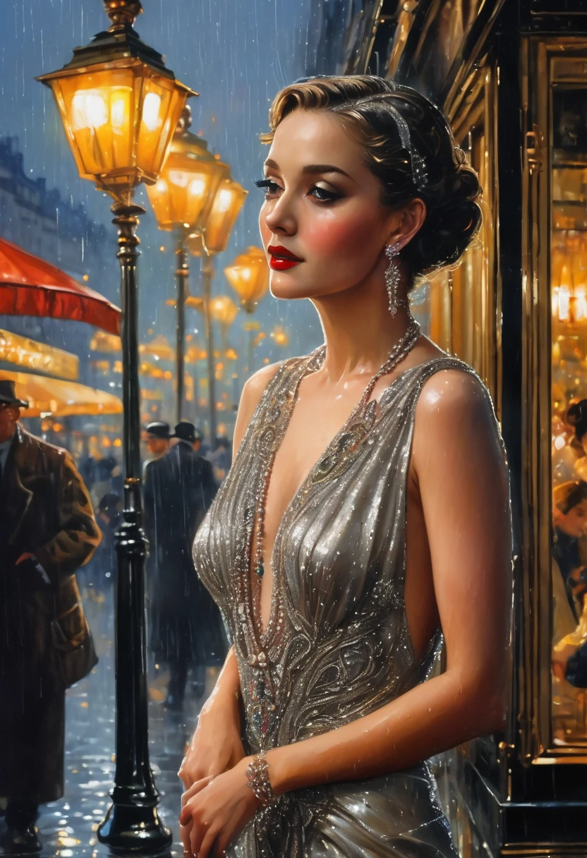 Rainy evening Paris of the 30s, gorgeous, beautiful, slim, with small breasts, 25 year old girl, in an amazing beautiful long dress, Expensive jewelry, makeup from the best makeup artists, Boa,last tango in paris,  masterpiece, ultra-detailed, intricate details, Small parts, acrylic paint, airbrush, clear thin lines, hyperrealism