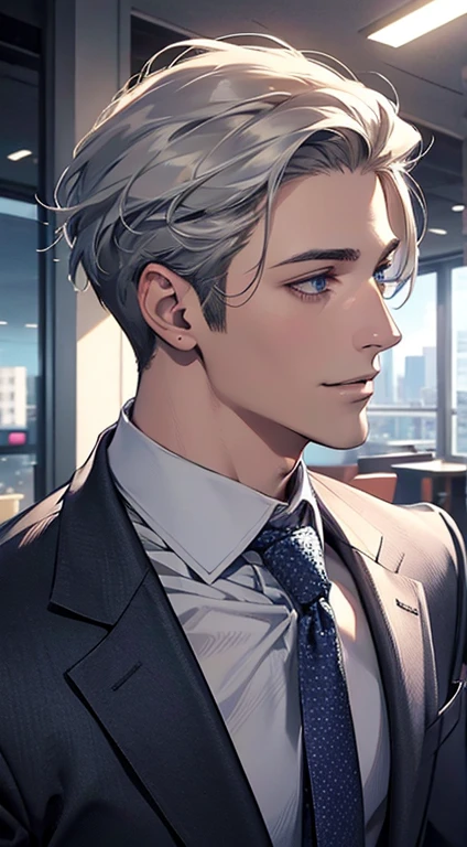 (Highest quality,4K,8K,High resolution,masterpiece:1.2),Super detailed,(Realistic,photoRealistic,photo-Realistic:1.37),1 person,31 years old,Mature Man,Beautiful skin、Profile、very handsome,Expressionless,smile,Short gray silver hair,blue eyes,Sharp Eyes,A perfect face without a doubt,Businessman,Office Background,Cinema Lighting,HDR image,tie.