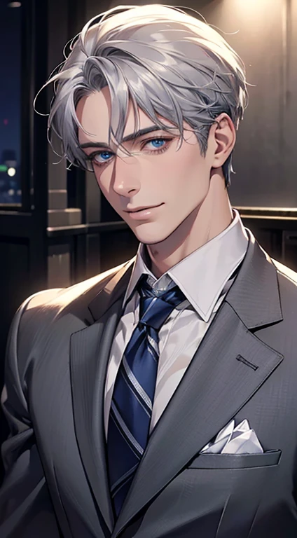 (Highest quality,4K,8K,High resolution,masterpiece:1.2),Super detailed,(Realistic,photoRealistic,photo-Realistic:1.37),1 person,31 years old,Mature Man,Beautiful skin、Profile、very handsome,Expressionless,smile,Short gray silver hair,blue eyes,Sharp Eyes,A perfect face without a doubt,Businessman,Office Background,Cinema Lighting,HDR image,tie.