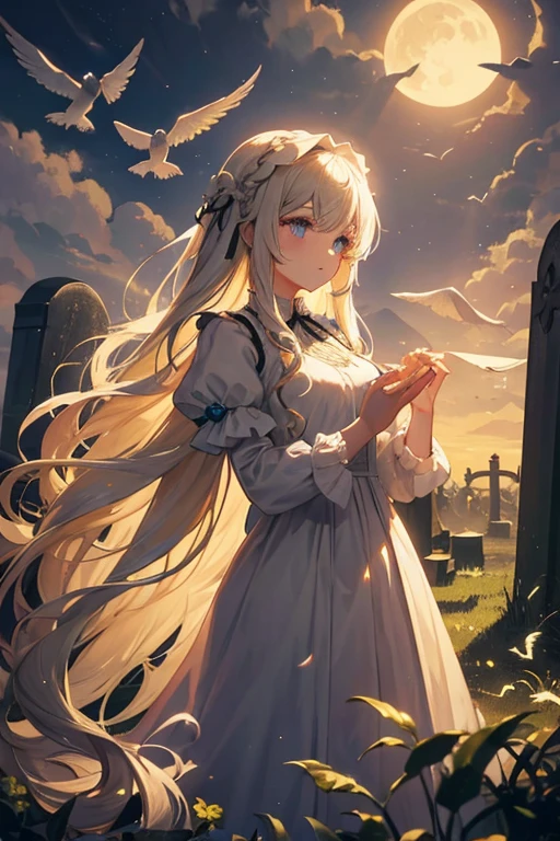A beautiful girl with long curly white blond hair, wearing an antique dress, standing in a graveyard at night, lit by the moon, with blue glowing transparent birds ghosts, floating around her, tombstones in the background, 