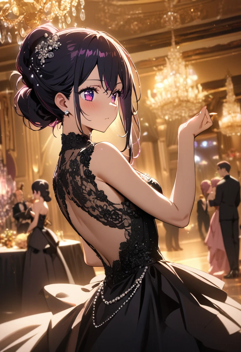 1girl, hoshino ai (oshi no ko), ornate ballroom, crystal chandeliers, sophisticated black evening gown with intricate beadwork, figure-hugging silhouette, subtle shimmer, waltzing pose, admiring onlookers, warm golden lighting, elegant updo hairstyle, pearl jewelry, masterpiece, best quality, absurdres