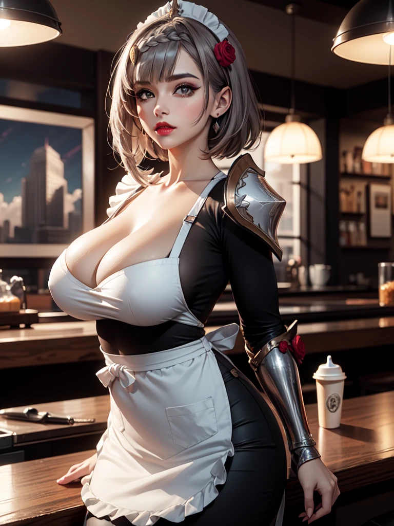 ((masterpiece)),(bestquality),((ultra-detailed)), ((beautiful detailed sky)), ((cinematic lighting)), depth of field, (dynamic angle),detailed lighting,(beautiful detailed eyes), (only apron), worker at coffee shop, red lip, eyeshadow,large breast, sexy, cleavage, bare thighs, noelledef