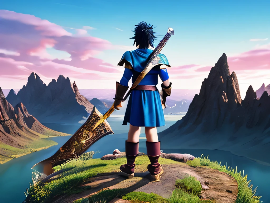The little boy in the sky with purple hair carries a sword in his hand