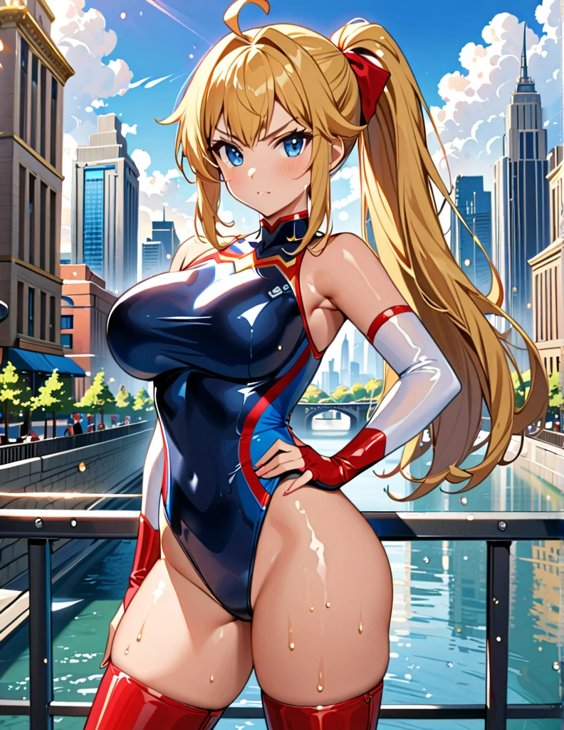 (masterpiece), (best quality), (high res), highly detailed, professional, 1girl, solo, solo focus, wonder, superhero, anime style, serious, v-shaped eyebrows, perfect hands, complete fingers, white elastic sleeves, leotard, navy leotard, competition swimsuit, blonde hair, ahoge, large breasts, blue eyes, beautiful detailed eyes, cute eyes, cute face, light particles, long hair, looking at viewer, large breasts, outdoors, ponytail, red boots, thighhighs, hand on hip, cowboy shot, city backdrop, full body with costume, thighs and crotch dripping wet,