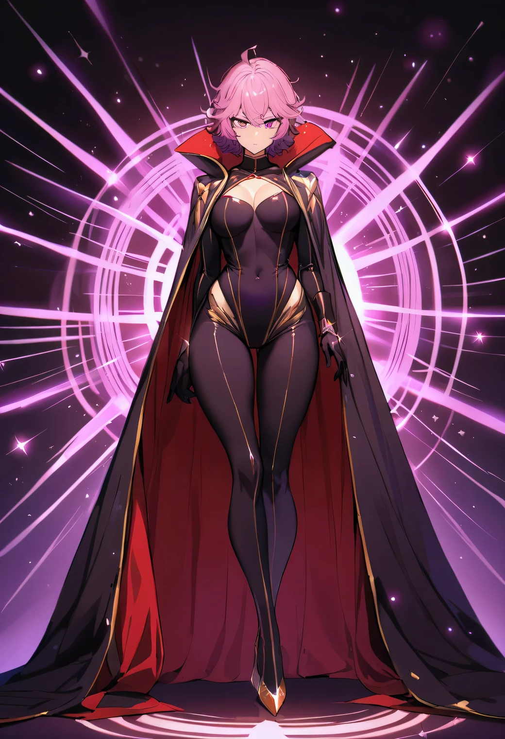 masterpiece, detailed, Best Quality , Girl , purple hair and pink hair , multicolor fur , short hair , messy hair , magneta radiant eyes , good body , alone , elegant , stopped , standing , magia dangerous , black powerful gloves , arrogant , strong , high , elegant sudadera con capucha , powerful magic , dangerous , glitters en los ojos , glitters , good body , atletico , Whole body , long cape