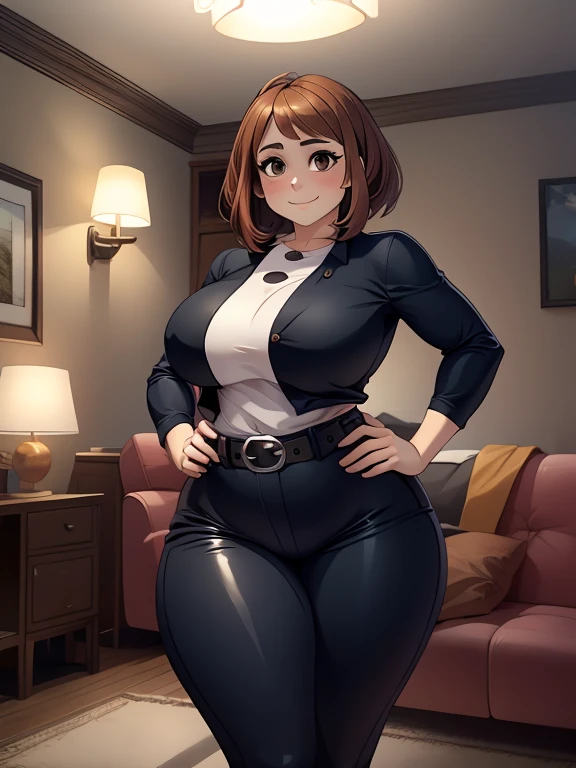 high quality, best quality, beautiful, perfect lighting, detailed face, mature face, ((1girl)), ((solo)), Imagine Ochaco Uraraka as an adult, 45 years old, MILF, plus sized milf, short brown hair, brown eyes, ((blush)), smile, looking at viewer, black leather pants, dark blue shirt, white belt, white heels, ((medium breasts)), wide hips, thick thighs, chubby, love handles, muffin-top, round belly, protruding gut, living room, hands on hips,
