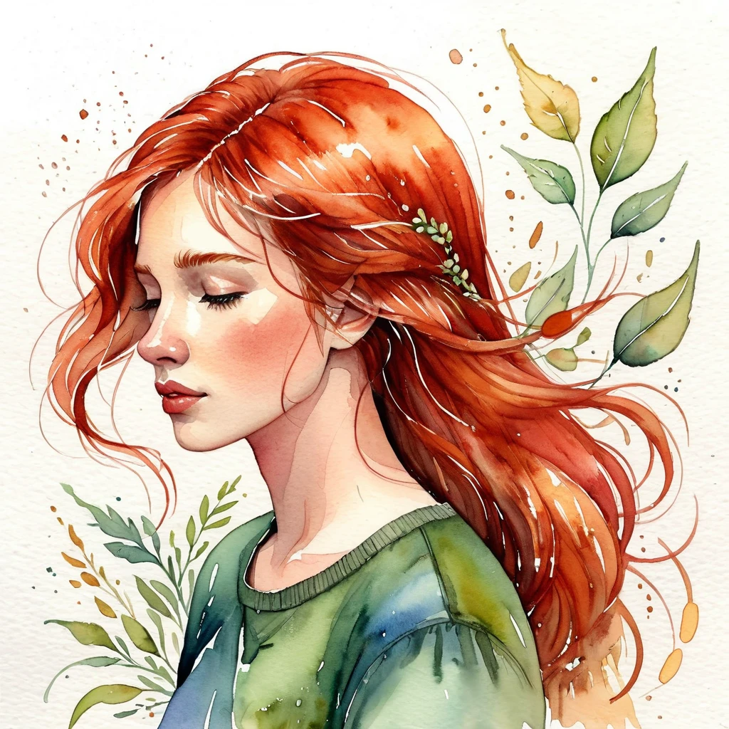 A watercolor illustration, a red-haired woman with hair blowing in the wind, a woman. She is thoughtful.by Kathrin Honesta