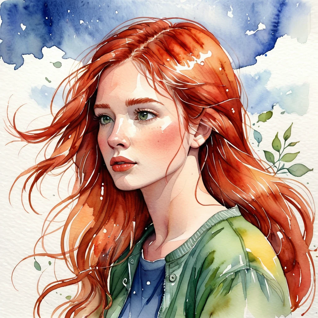 A watercolor illustration, a red-haired woman with hair blowing in the wind, a woman. She is thoughtful.by Kathrin Honesta