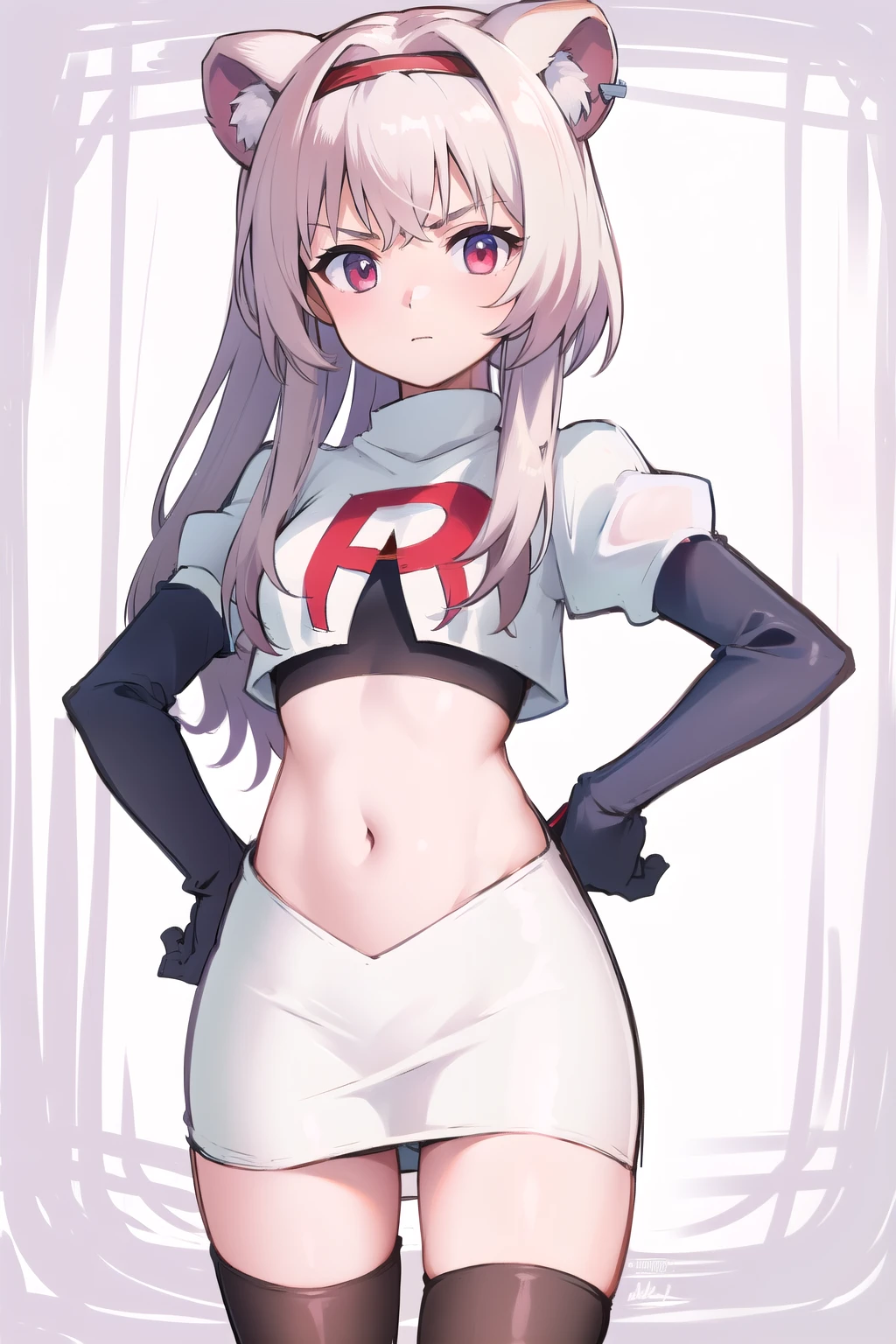 best quality,1girl,normal,cowboy shot,holding sword, team rocket,team rocket uniform,white skirt,red letter R,crop top,black thigh-highs,black elbow gloves