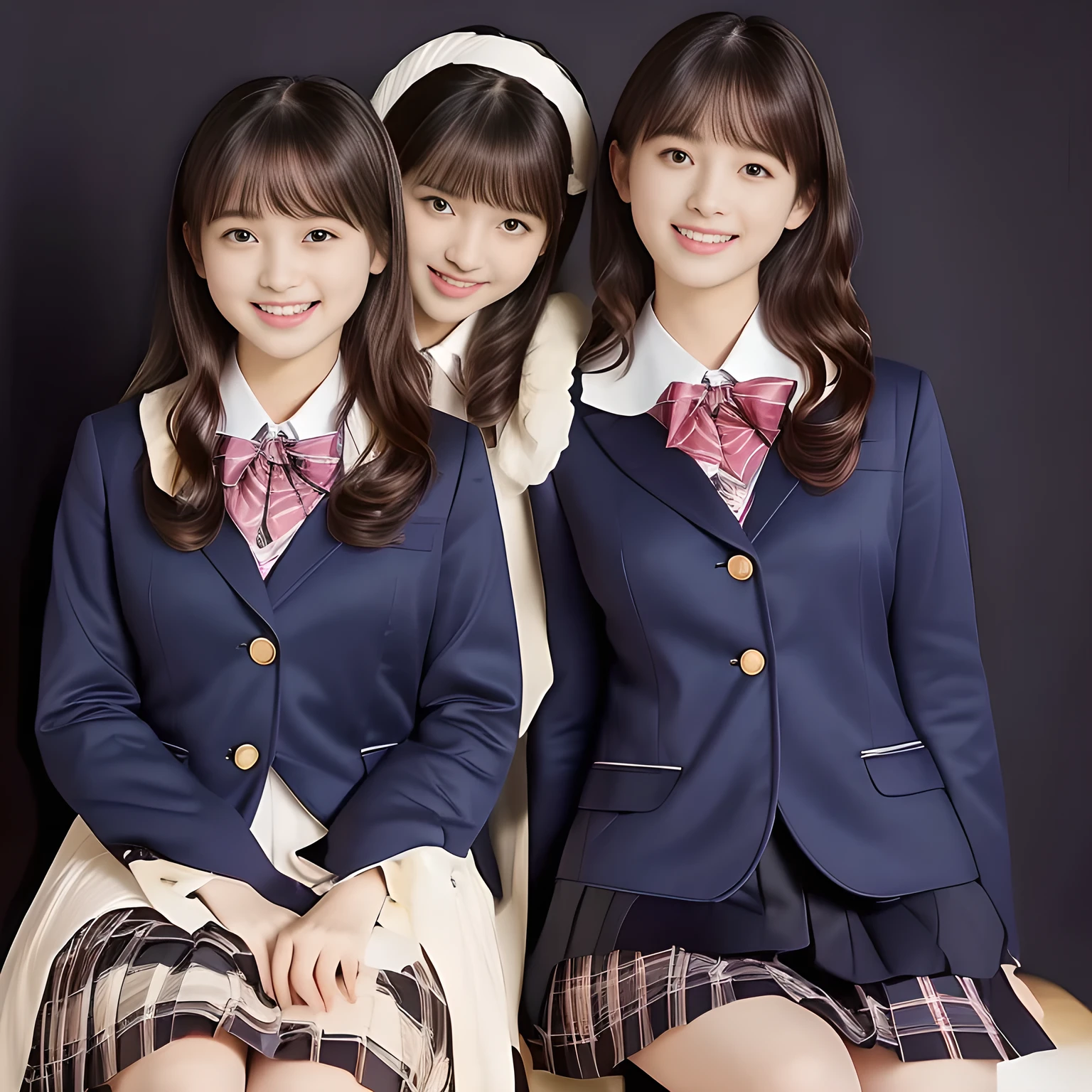 (Highest quality, masterpiece:1.2), Highest quality, High resolution, 1080P, 8k, height: 158cm, ((Seven noble, graceful and intelligent 14yo Japanese young idles who have a best proportion are seated and singing religious hymn chorus with opening their mouth, all of them are watching at me!: 1.5)), ((So sweet, very noble, neat, and pretty 14yo Japanese beautiful fashion magazine models are surrounding me and looking gracefully at me: 1.6)), ((All of them are looking directly at me,)) ((((Very pure white face and limbs)))), Glossy Lips, (Evenly cut curled bangs), ((Very beautiful, droopy, cute, pure, noble, intelligent brown eyes with detailed: 1.6)), ((Gorgeous and very wavy hair, super long wavy hair, beautiful wavy hair like a princess: 1.8)), (Very shiny, glossy Lips), Watch at you, ((Incredibly well organized, Rich facial expressions)), ((Plump and beautiful white skin and face)), ((Pure, clear, gentle brown eyes)), ((staring at me)), Glossy Lips, ((Noble and elegant)), ((Large upward-curving lips)), ((((Navy gorgeous Japanese school blazer with noble golden emblem)))), ((Navy and sapphire blue Japanese school gorgeous uniform)), ((Tartan check pattern dark blue and navy pleated gorgeous skirt with beautiful white fat calf: 1.0)), ((Blue gloss chest ribbon: 1.0)), ((((An ecstatic expression of boundless joy)))), (((Beauty and fashion magazine for young girls))), ((Cute beautiful knees)), ((Well-shaped ample breasts)), ((Tilting his head and smiling)), ((Plain darkness background: 1.5)), (Singing in religious happiness and inviting me to the happiness with them: 1.0), ((Too beautiful women to stop falling into them: 1.6)), ((They are in fact succubi and seated with strong religious temptation))