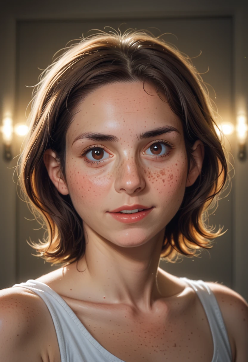 (GeGe:1.9), (woman), (brunette), (brown eyes), (freckles:1.5), score_9, score_8_up, score_7_up, score_6_up, Beautiful brunette woman, with wax dress melting and dripping down the body (masterpiece: 1.2), (best quality), 4k, ultra-detailed, (dynamic composition: 1.4), highly detailed, colorful details, (iridescent colors: 1.2), (bright lighting, atmospheric lighting), dreamy, magical, (solo: 1.2)