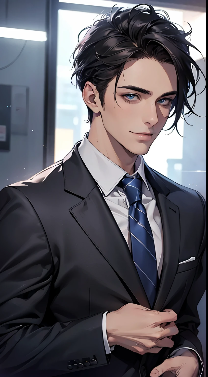 (Highest quality,4K,8K,High resolution,masterpiece:1.2),Super detailed,(Realistic,photoRealistic,photo-Realistic:1.37),1 person,31 years old,Mature Man,Beautiful skin、Profile、very handsome,Expressionless,smile,Short gray black hair,blue eyes,Sharp Eyes,A perfect face without a doubt,Businessman,Office Background,Cinema Lighting,HDR image,tie.