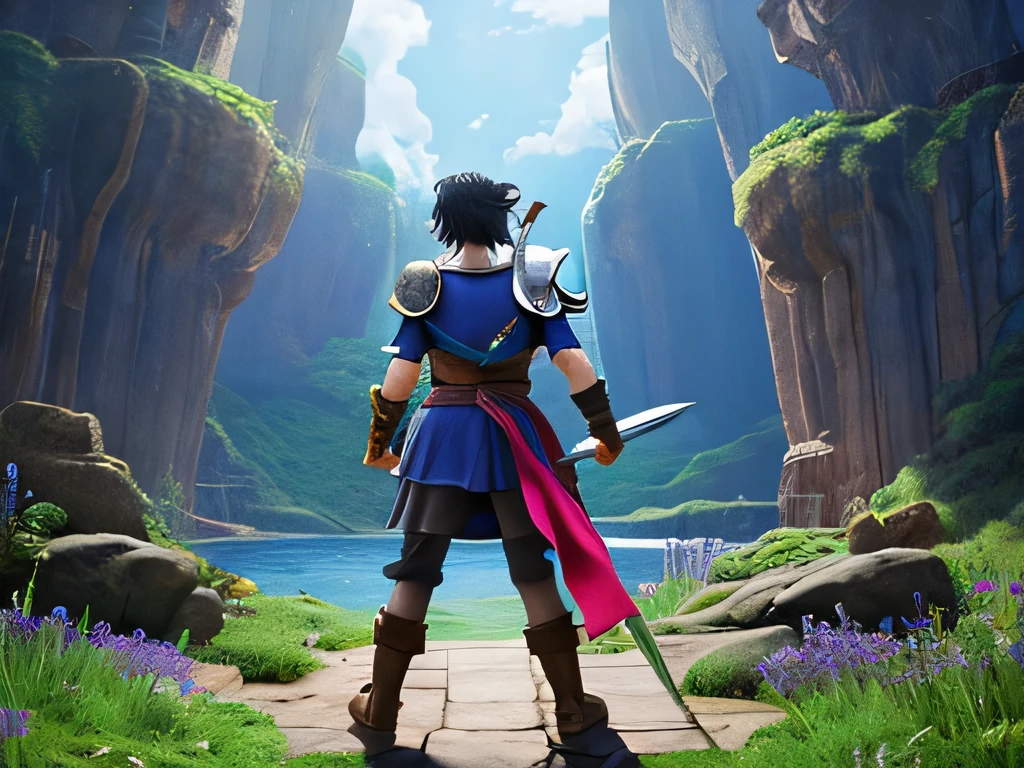A land of legendary wealth.Fantasy、Dragon Quest style images、A black-haired hero holding a sword stands facing backwards、