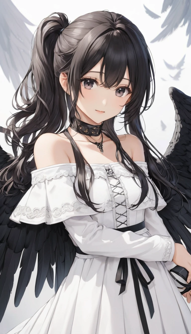 Cowboy Shot, (Black wings:1.2), Very long hair, Side Ponytail, choker, Holding, Off the shoulder, (White Dress:1.3), White jacket,Hello,