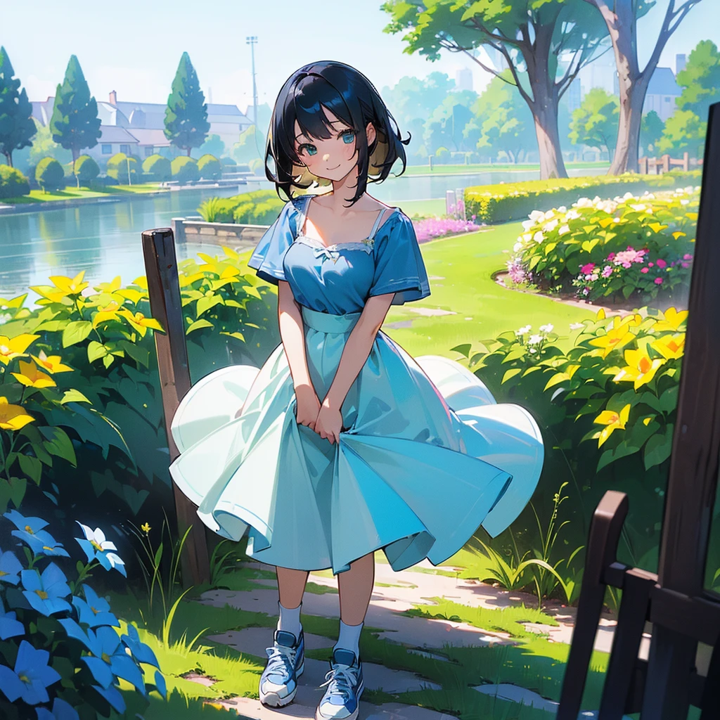 (high quality, High resolution, Very detailed, reality:1.37), Peaceful atmosphere, (Outdoor, garden), Teenage girl standing alone, (my breasts are big.), Beautiful details, Cute Smile, (Black bob hair), camisole, Blue Skirt, Blue socks, sneakers.