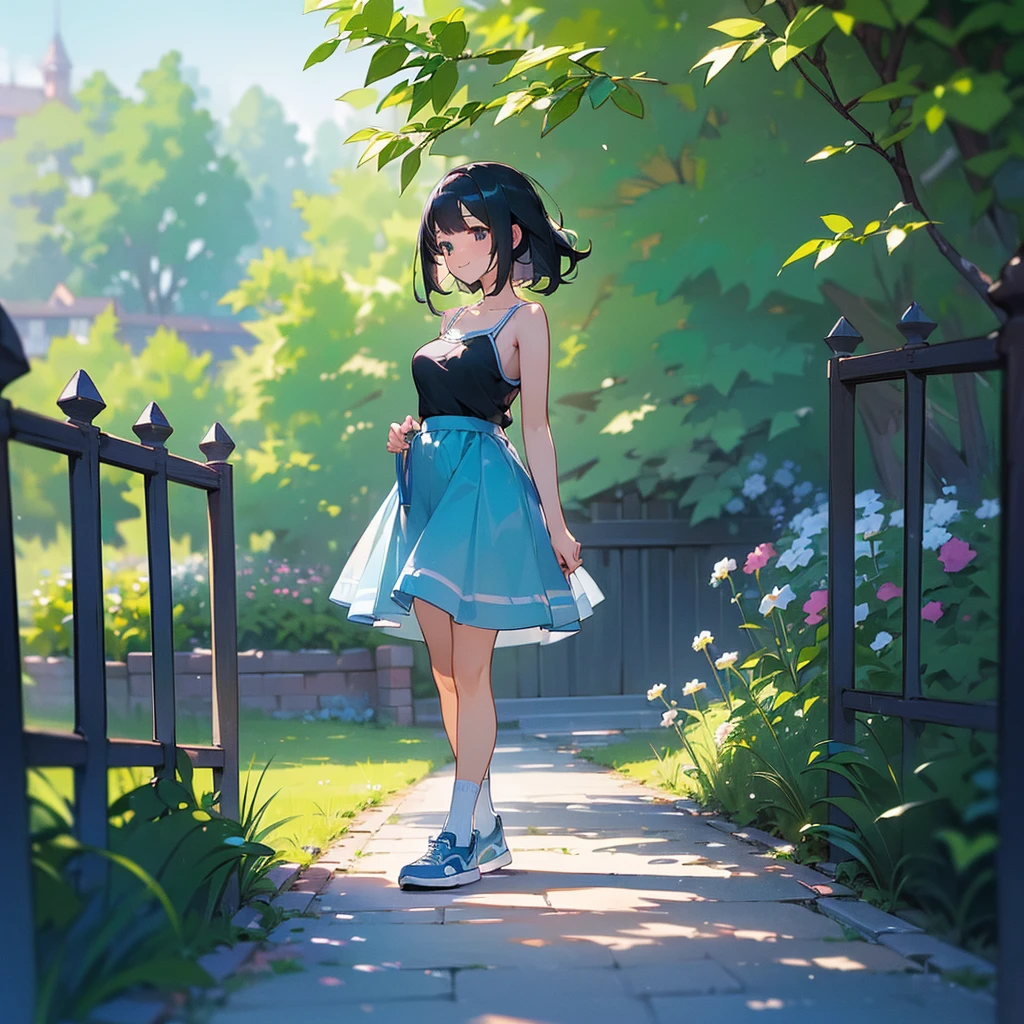 (high quality, High resolution, Very detailed, reality:1.37), Peaceful atmosphere, (Outdoor, garden), Teenage girl standing alone, (my breasts are big.), Beautiful details, Cute Smile, (Black bob hair), camisole, Blue Skirt, Blue socks, sneakers.