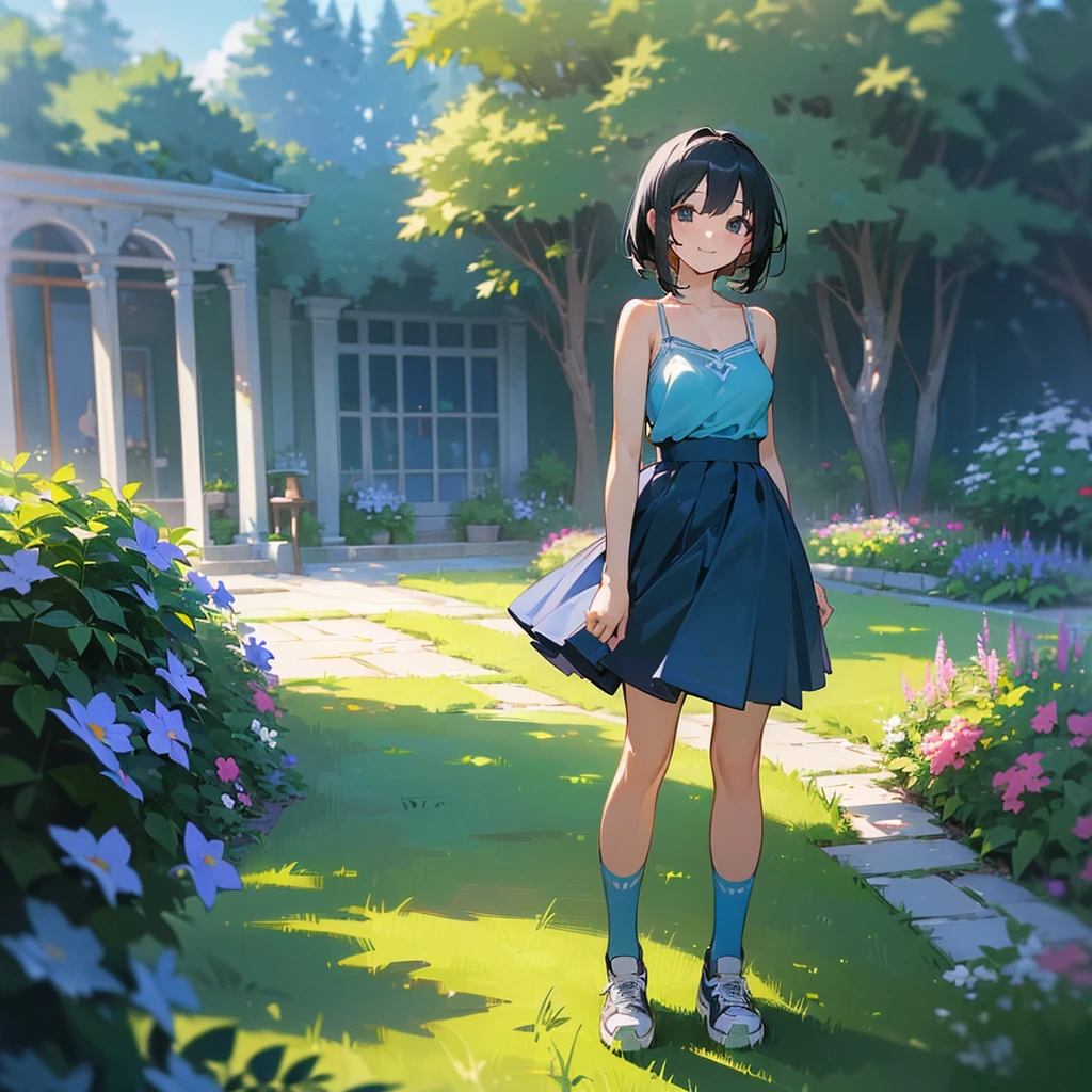 (high quality, High resolution, Very detailed, reality:1.37), Peaceful atmosphere, (Outdoor, garden), Teenage girl standing alone, (my breasts are big.), Beautiful details, Cute Smile, (Black bob hair), camisole, Blue Skirt, Blue socks, sneakers.