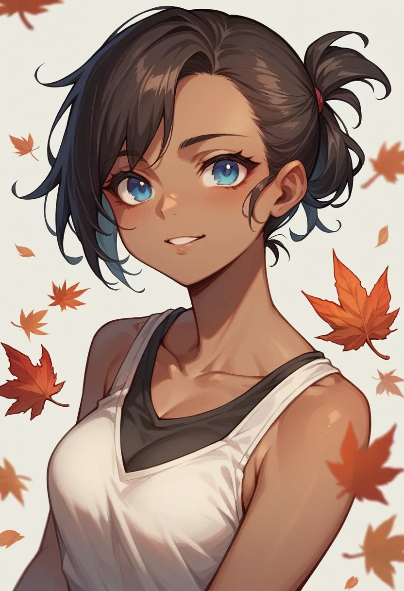  A young brown-skinned woman with large, expressive blue eyes and short dark hair in a half ponytail. She has a cheerful expression on her face and is wearing a long-sleeved black blouse that leaves her shoulders exposed. 
