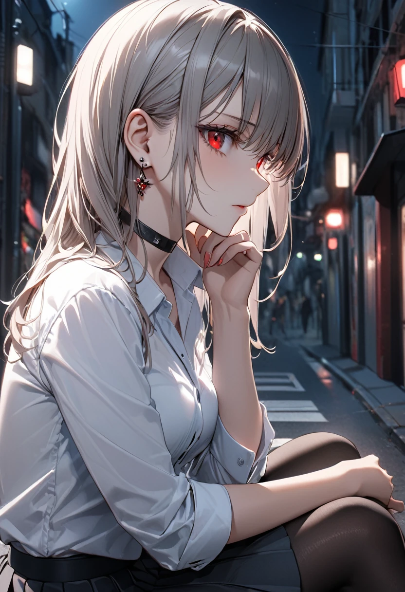 best quality, super_delicate, super delicate eyes, ultra detailed, beautiful, 8k , 1girl, red eyes, evil, facial profile, street, sitting, business shirt, skirt, earrings, choker, black tights, nikke, night