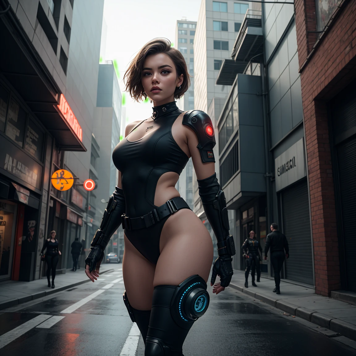 high quality masterpiece, sexy-future cinematographic scene, 4K resolution, american shot, 4K resolution of a teenaged scandinavian woman like a cyberpunk detective, delicate brown skin, epic pose, in cyberpunk city´s streets, wearing a fitted high nanotechnological combat suit that allows you to completely see her right leg, firm medium bust, wide thighs, short up shoulders punk hair,