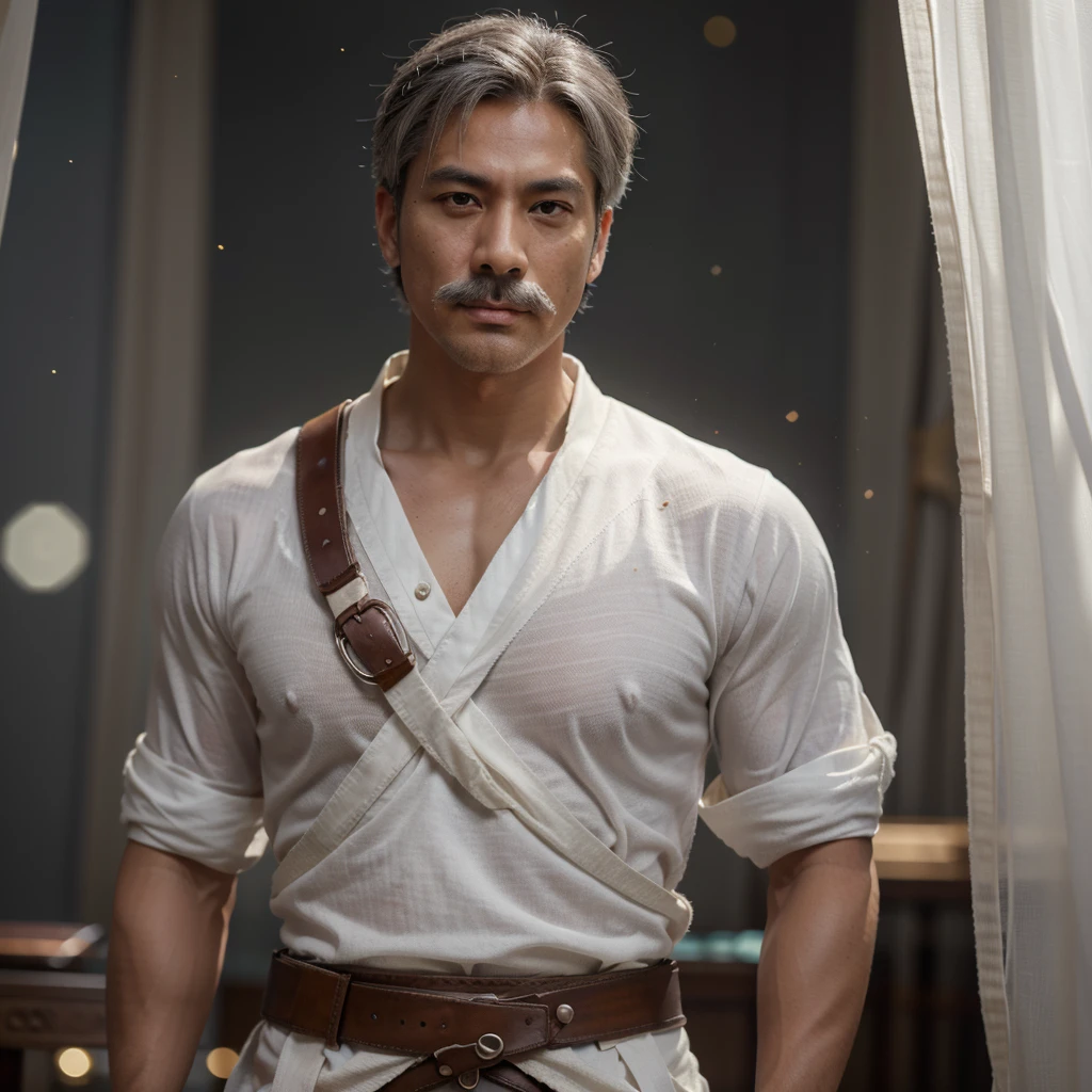 Portrait of 1man, muscular, asian, tanned skin, grey hair, grey upward pointing mustache, brown eyes, wearing belt, ((wearing white tunic:1.2)), wearing white loincloth, in light room with tapestries, looking at viewer, (inquisitive expression), regal demeanor, warrior, bokeh, raytracing, realistic textured skin, particle effects, depth of field