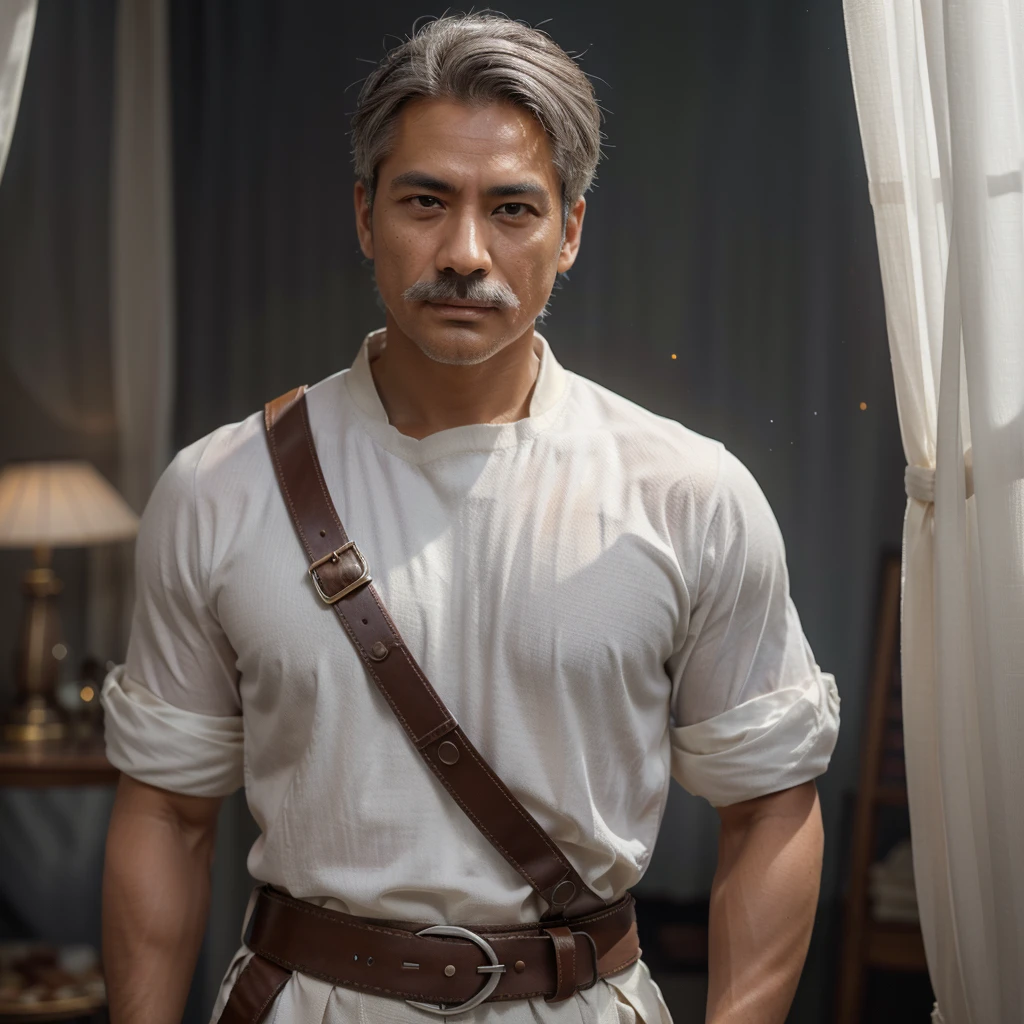 Portrait of 1man, muscular, asian, tanned skin, grey hair, grey upward pointing mustache, brown eyes, wearing belt, ((wearing white tunic:1.2)), wearing white loincloth, in light room with tapestries, looking at viewer, (inquisitive expression), regal demeanor, warrior, bokeh, raytracing, realistic textured skin, particle effects, depth of field