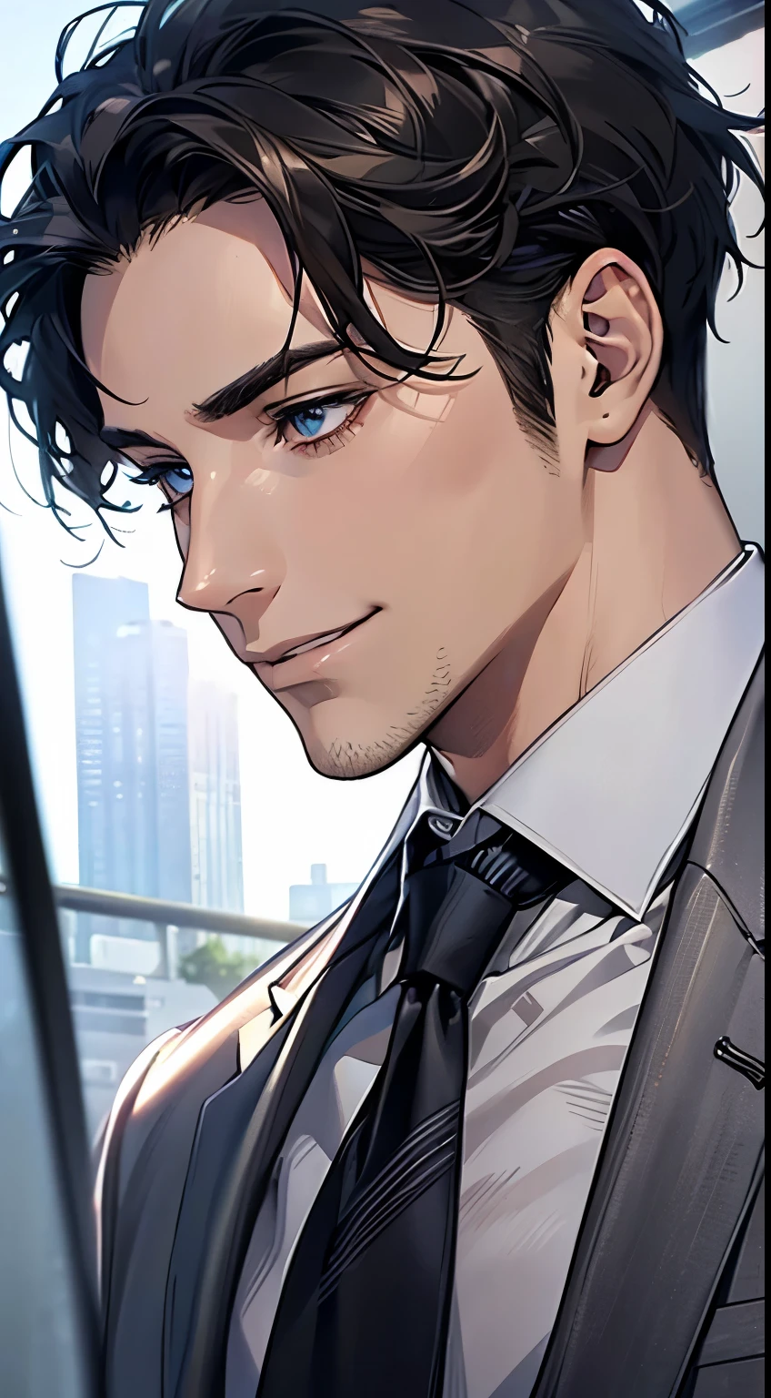 (Highest quality,4K,8K,High resolution,masterpiece:1.2),Super detailed,(Realistic,photoRealistic,photo-Realistic:1.37),1 person,31 years old,Mature Man,Beautiful skin、Profile、very handsome,Expressionless,smile,Short gray black hair,blue eyes,Sharp Eyes,A perfect face without a doubt,Businessman,Office Background,Cinema Lighting,HDR image,tie.