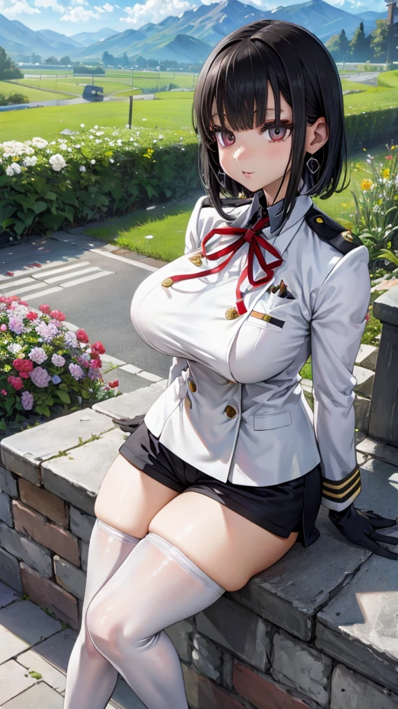 Face Focus , ((Highest quality)), ((Tabletop)), Perfect Face, （((White knee-highs))) ,   Official Art,Black knee-high socks,Beautiful Face,Standing posture,White tights,((((Thick thighs)))),short hair,Black Hair,Plump,((((uniform)))),((((Black gloves)))),Earrings,(Huge breasts),Standing posture,valley,Shorts,blue sky,Outdoor,garden,Red Eyes,